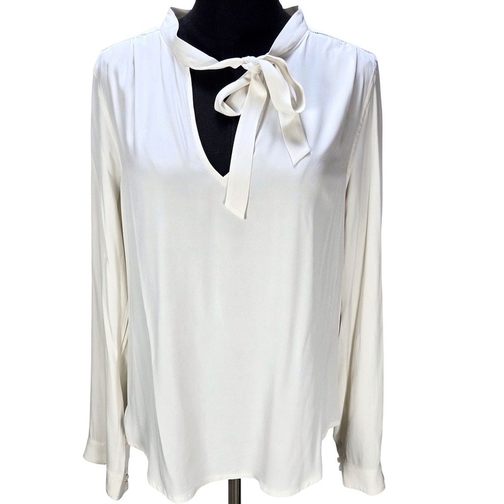 Women's AYR Large Silk Tie Neck Blouse Ivory V-Neck Long Sleeve Top